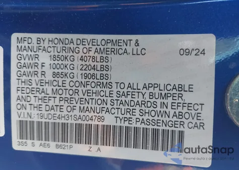 2025 Acura Integra A-Spec из США, поврежденный, VIN 19UDE4H31SA004789